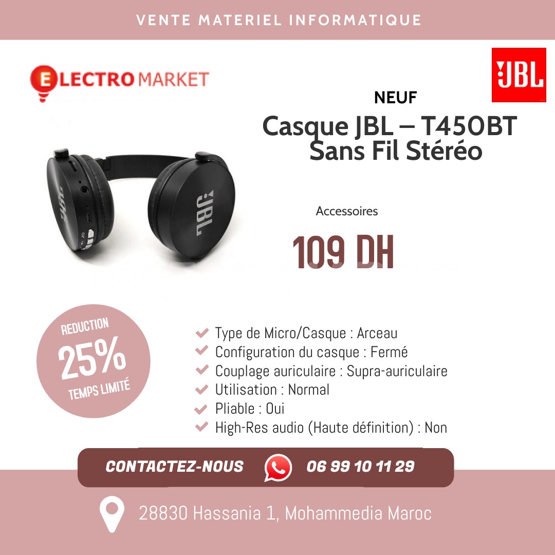 Casque JBL – T450BT – Sans Fil Stéréo