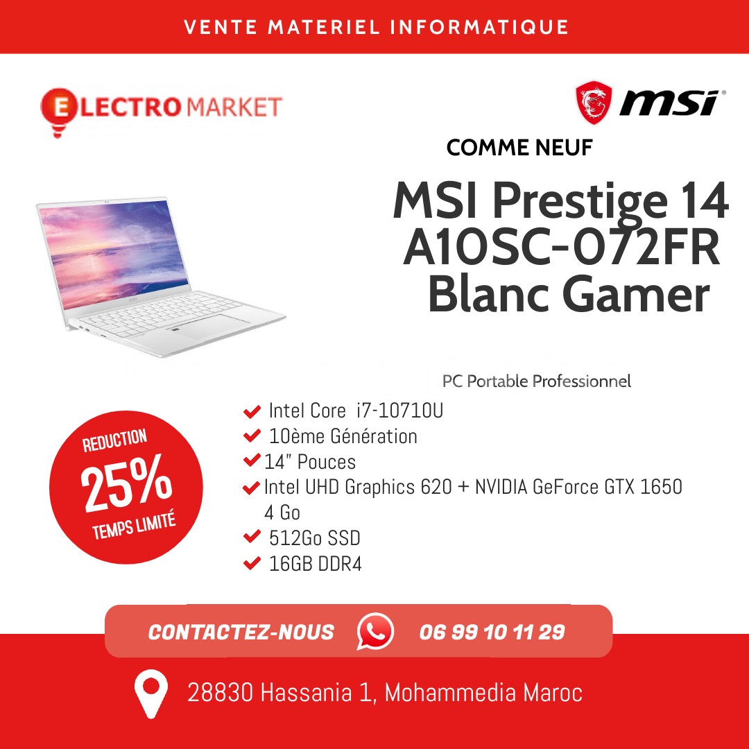MSI Prestige 14 A10SC-072FR Blanc Gamer